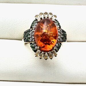 Amber Emerald Multi Gemstone Gold Over Sterling Silver Ring Size 7.5
